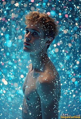 In bright blue light, a shirtless young man looking up through water coming down drops