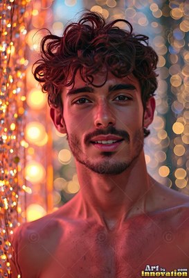 Smiling softly, a shirtless man with curly hair stands in warm orange light