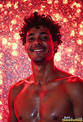 Smiling shirtless man in red light with sparkling drops behind him