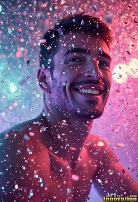 A smiling man with short stubble stands shirtless under descending falling drops of water in pink light