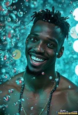 A happy man stands behind floating water droplets lit with teal light