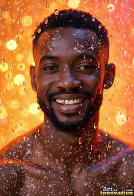 Facing forward in a shower, a grinning man stands in warm orange light