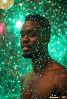 A shirtless man smiles as shiny green water droplets fall all around him