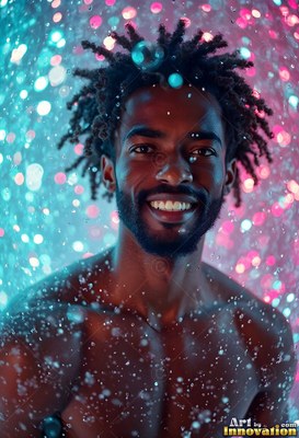 In bright pink and blue bokeh, a smiling shirtless man stands in cascading water droplets