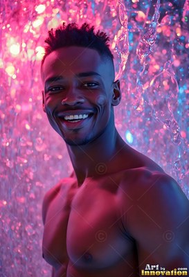 Smiling in descending water, a bare-chested man standing lit by pink and blue light