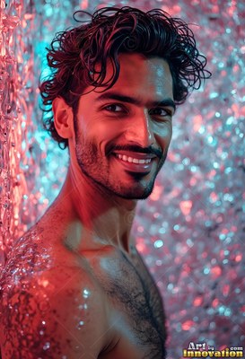 Smiling wet man in blue and red sparkling light
