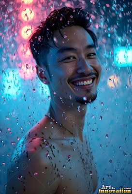 Wet dark hair frames the smiling face of a shirtless man under descending water in blue light