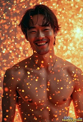 A shirtless man smiles through floating sparks in warm amber light