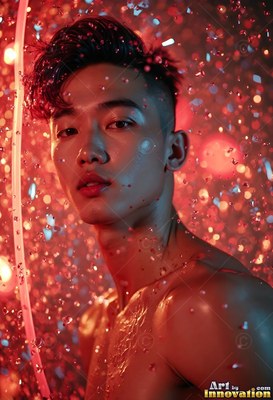 Close up of a bare-chested man looking forward under red light and water drops
