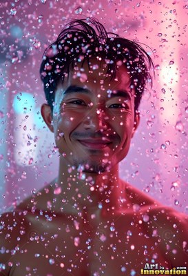 A bare-chested man smiling stands behind falling pink water drops