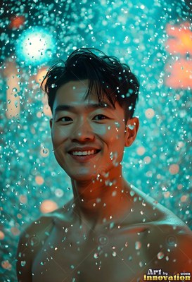 In a bright turquoise shower, a shirtless grinning man stands under water falling down drops