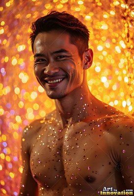 Smiling under warm golden lights, a bare-chested man stands dotted with sparkles