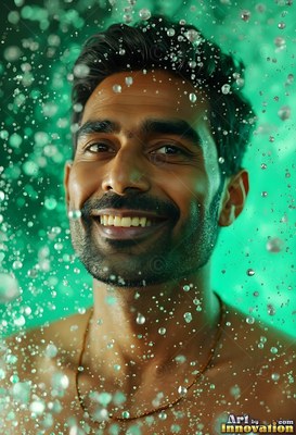 Grinning man in falling water droplets with green light