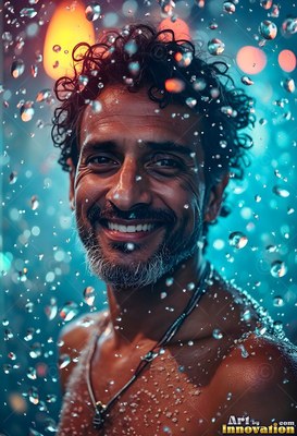 Curly dark hair frames a smiling bearded man standing shirtless in water coming down under blue light