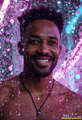 A smiling man stares ahead as water droplets fall around him in pink neon light
