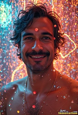 Facing forward in a shower, a man with a smile stands in warm light