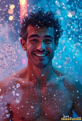 A smiling bare-chested man stands in falling water lit by bright blue light