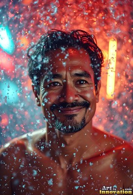 Under warm red light, a smiling bare-chested man stands in falling water droplets