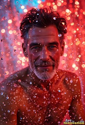 Smiling softly, a shirtless bearded man stands under droplets of water in red light