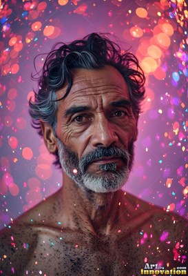 An older shirtless man surrounded by blurry pink lights