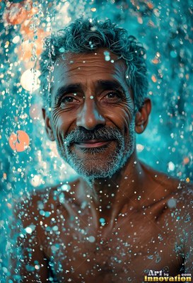 A graying beard on a smiling shirtless man standing in descending water against a blue background