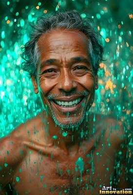 An older man smiles wide while water splashes over him in green light
