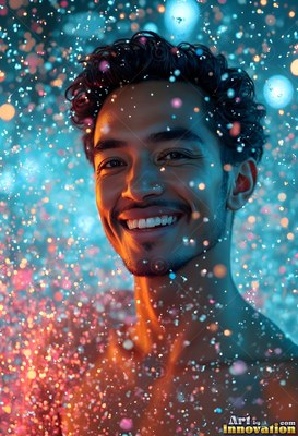 Man smiling facing forward in a shower of blue and orange water droplets