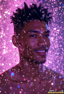 A man smiling stands in falling droplets of water lit up in bright purple light