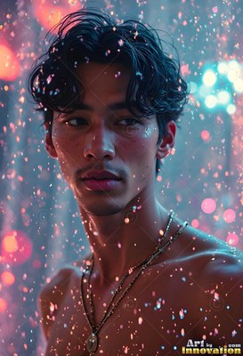 In pink and blue light, a shirtless man stands under cascading water droplets