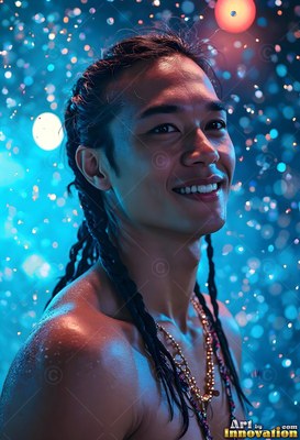 Smiling under bright blue water droplets, a shirtless man turns his head