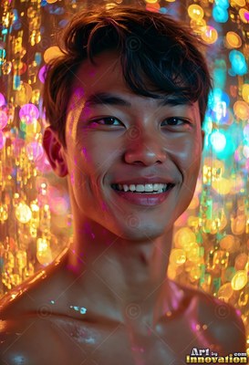 Smiling man in warm light with blurred yellow bokeh
