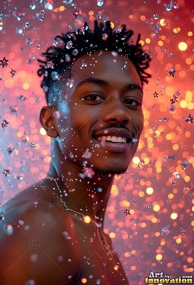 A smiling Black man with short twists turns as bright water droplets fall through red light