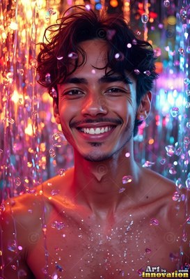 A man smiling stands under water falling down lit by warm pink and purple lights