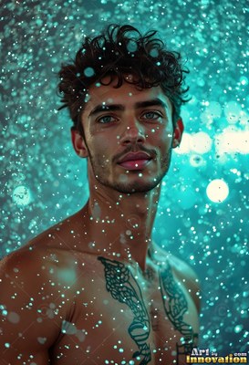 Turned slightly, a shirtless man stands in water falling down lit in teal