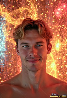 A shirtless man smiles in front of sparkling orange shower spray