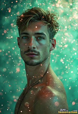 In bright green light, a shirtless man gazes ahead through water falling down