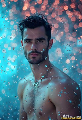 Looking ahead, a shirtless man stands in falling water beads lit by blue and peach light
