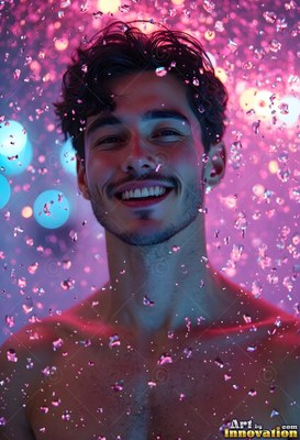 Shirtless man with a smile under water coming down drops in pink light