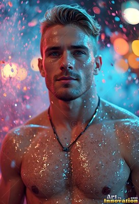 Wet blond hair on a shirtless man standing in rain speckled with blue light