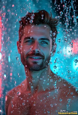 A happy man stands bare-chested under water coming down droplets lit in blue and red