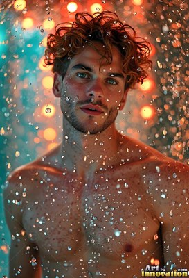 Facing forward, a bare-chested man stands in cascading water lit by warm spots of light