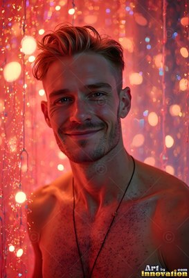 A shirtless man smiles softly in front of blurred red and warm yellow lights