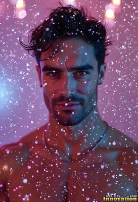 In purple light, a shirtless man looks forward in a shower of bright drops