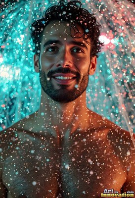 Smiling in a spray of water, a shirtless bearded man in blue and orange light
