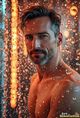 Shirt less man standing behind water falling down in warm orange light
