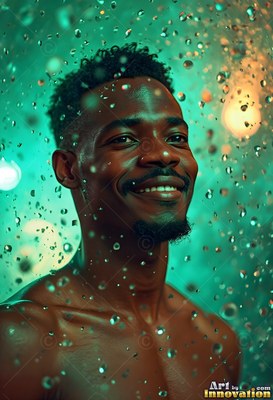 A man with a smile with a short beard stands under water coming down in teal light