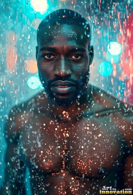 A bare-chested man stands in falling rain under soft blue and red city lights