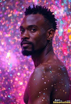 Turned sideways, a bare-chested man standing in falling pink and purple light specks