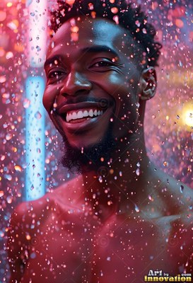 A smiling Black man stands shirtless under bright pink and blue rain drops