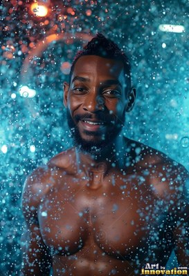 In blue water spray, a shirtless man smiling stands under falling drops